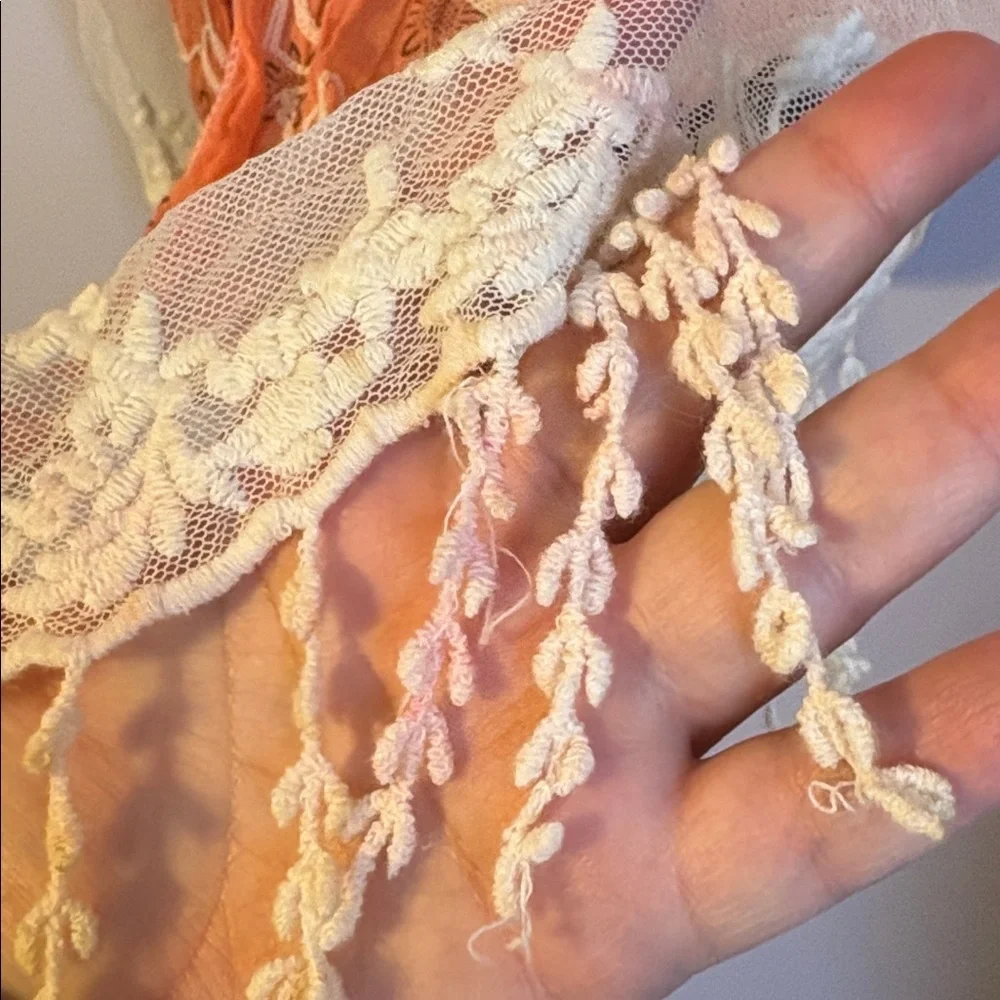 Tickled Pink Orange cream Mesh Crochet Embroidered Floral Scarf Fringe Cotton